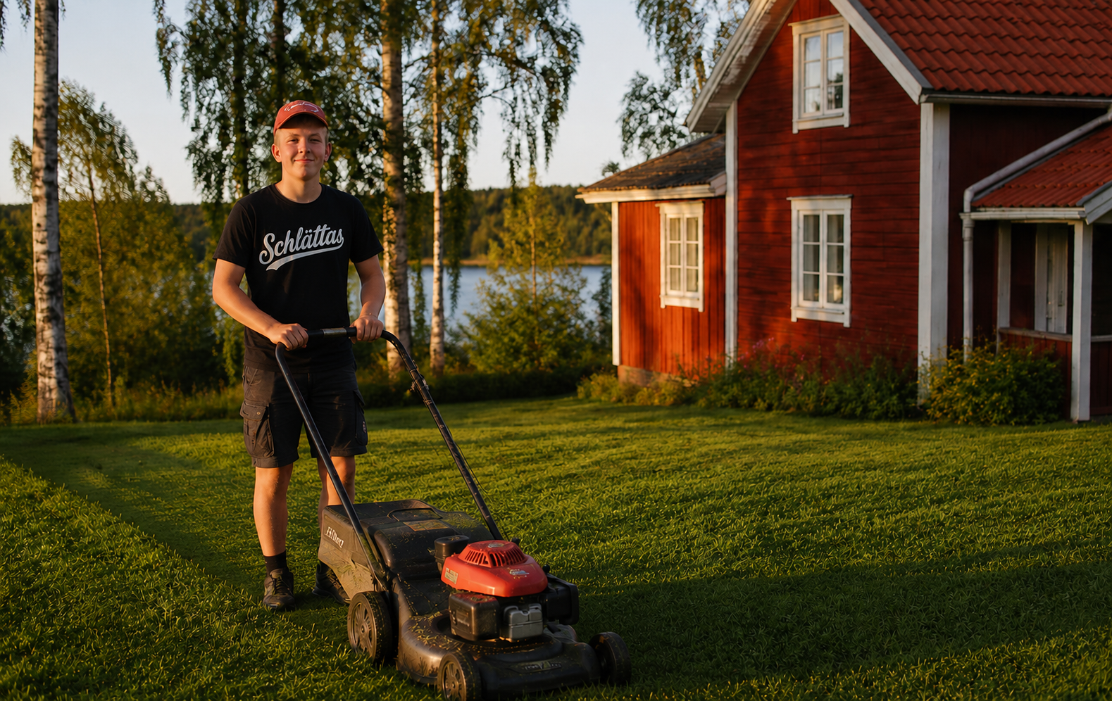 Gräsklippning framför ett rött hus en sommarkväll